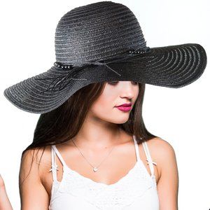 Beach Straw Floppy Hat for Women Wide Brim Black